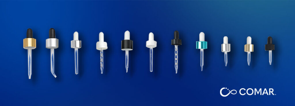 lineup of comar dropper assemblies on a blue background